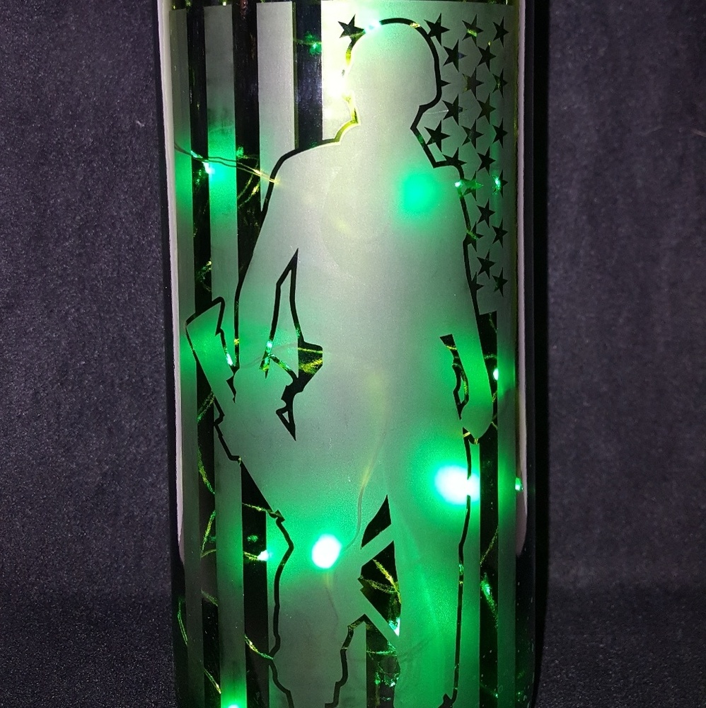 Large eched wine bottle with LED LIGHTS